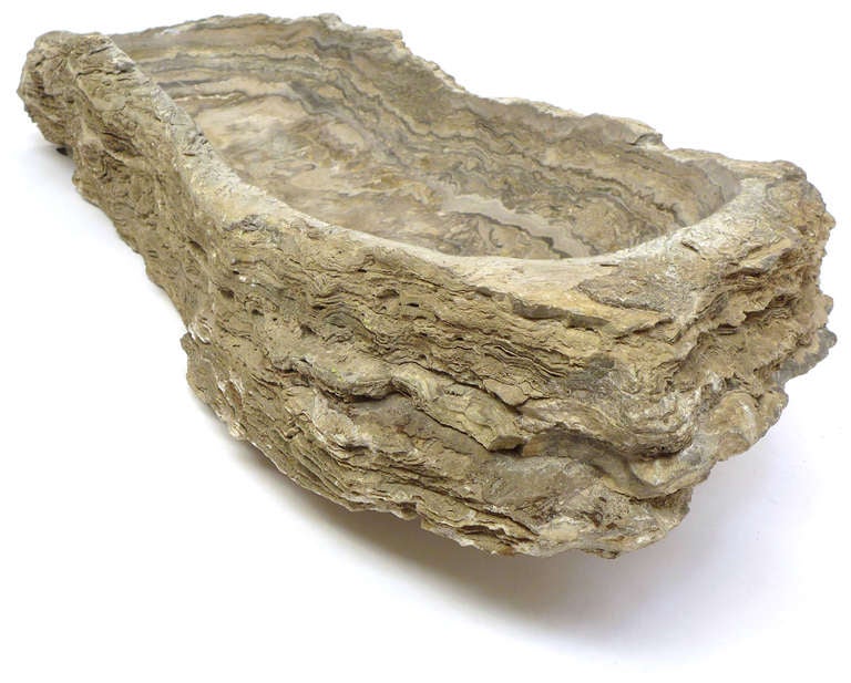 A beautiful and unusual stone basin of exceptional scale.  Evoking a giant oyster shell, this large stratified-stone has a basin hewn and polished along one surface exposing the layers of time at its interior.  It is a wonderful mix of raw  and