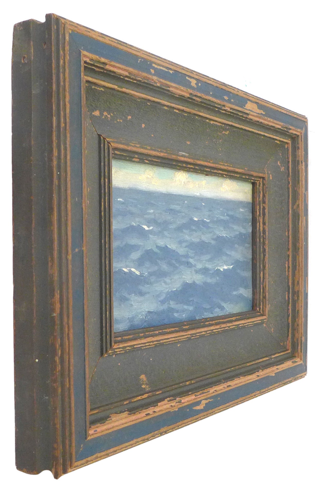 A wonderful, small painting of the sea by J. Mason Reeves.  A beautifully executed, perfectly tiny window overlooking an endless ocean seemingly from the middle of it.  Small, rolling and occasionally cresting waves lulling and extending out to a