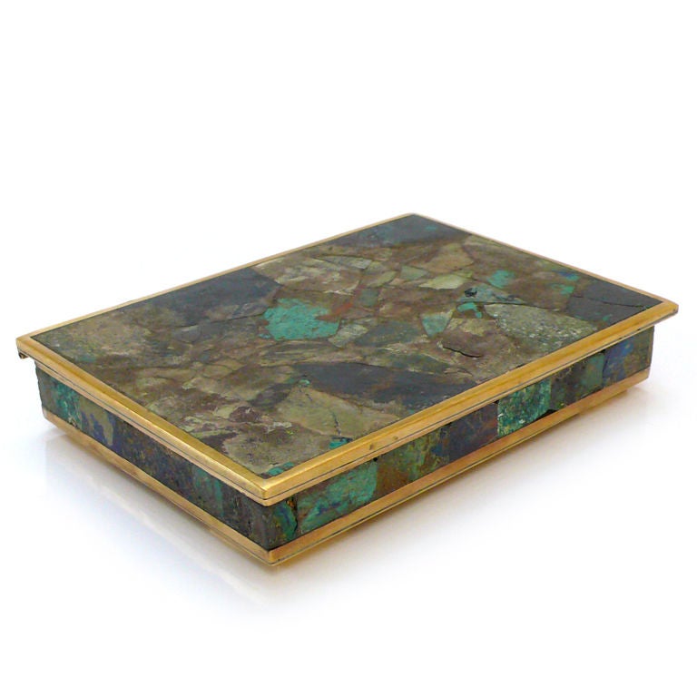 Beautiful brass box inlaid on all sides with composite stones of lapis lazuli and malachite. Wood lined. Marked JOCO Hecho en Mexico TAXCO on bottom.