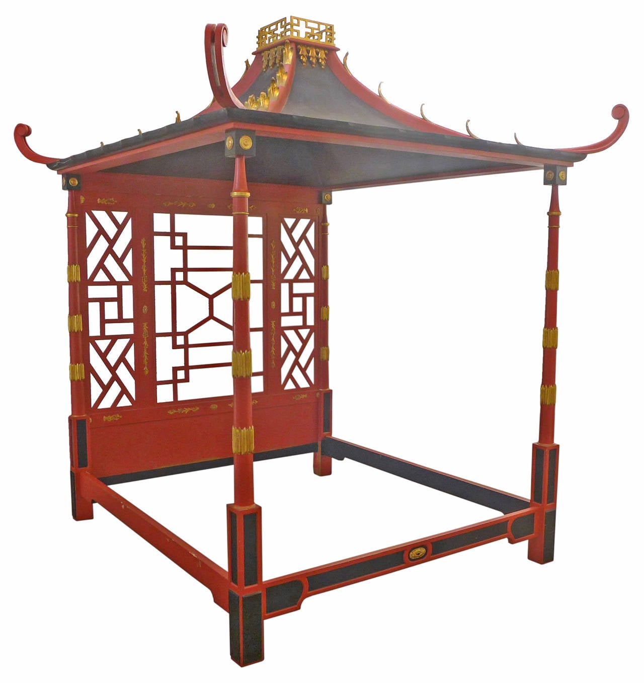 A monumental canopy bed in the form of a traditional Chinese pagoda. An exceptional example of chinoiserie, clearly and faithfully recreating the celebrated English 18th century Badminton bed by John Linnell. This design comes to us from the very