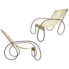 Pair of Unusual Tubular Steel and Canvas Sling Lounge Chairs