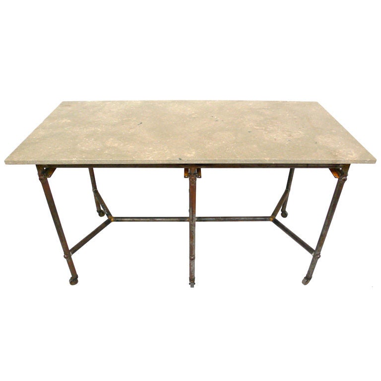 Industrial Rolling Work Table with Limestone Top