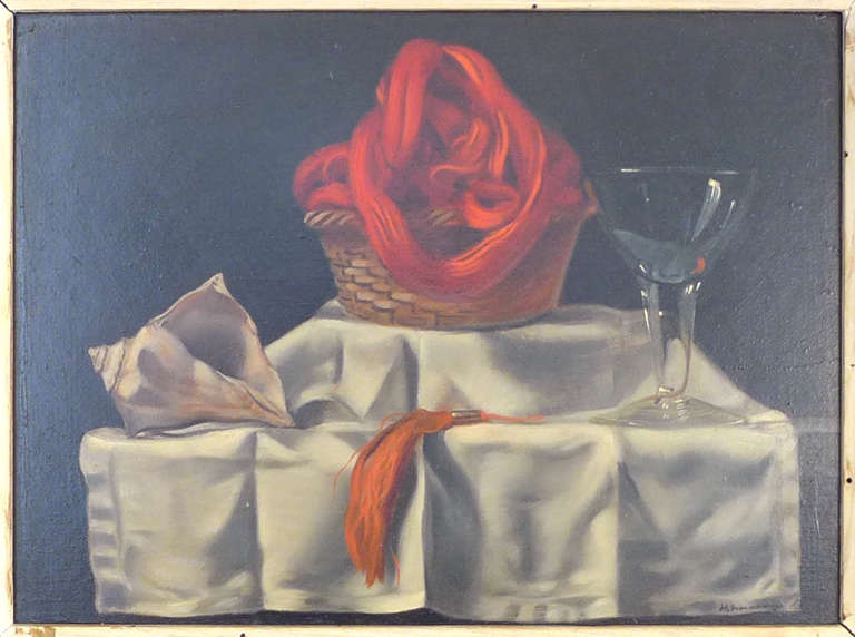 A wonderfully tight and well executed still life painting from 1951 by American artist, Harry Eisenberg. This work was exhibited at the prestigious Corcoron Gallery of Art in Washington, D.C. as part of the 6th Annual Area Exhibition of 1951-1952.