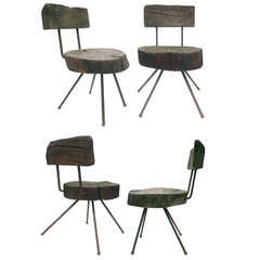 Set of Four Primitive Wood Log and Wrought Iron Mexican Chairs by Sabena