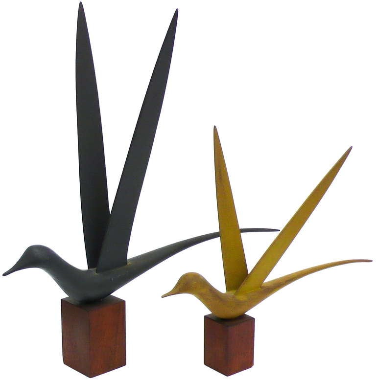 Mid-20th Century Pair of Delicate, Hand-Painted and Carved Wood Bird Sculptures