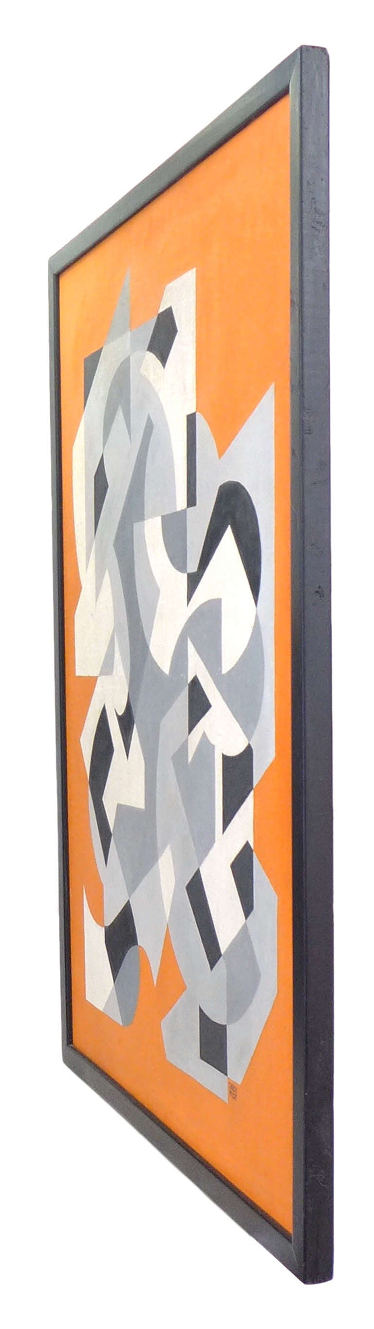 A striking and tightly executed abstract geometric oil painting on canvas.  With black, white, orange and muted grays, this work exhibits great technique and a Machine Age sensibility.  Likely mid-century, the piece wears a nice patina and a