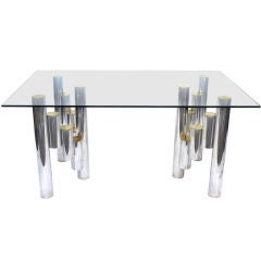 Sculptural Tubular Aluminum, Brass and Glass Dining Table