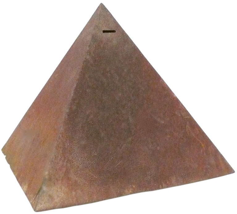 A large and unusual welded steel pyramid bank. A wonderful example of American folk-art with great scale, surface and form. Primitive and beautiful in  execution with it's crudely slotted coin receptacle and simple geometric form. A fantastic