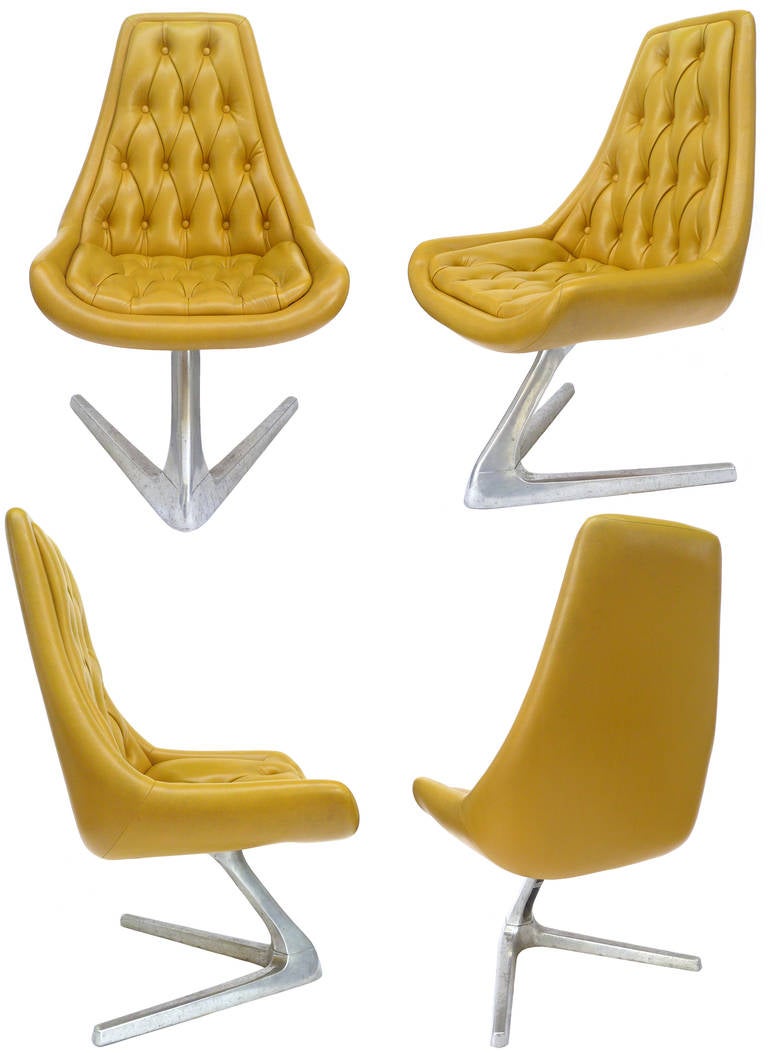 A fantastic and timelessly futuristic set of Sculpta chairs by Chromcraft. Wonderfully sculptural aluminum swivel V-bases and original tufted mustard yellow vinyl upholstery. This chair design was featured in a couple of late 1960s Star Trek