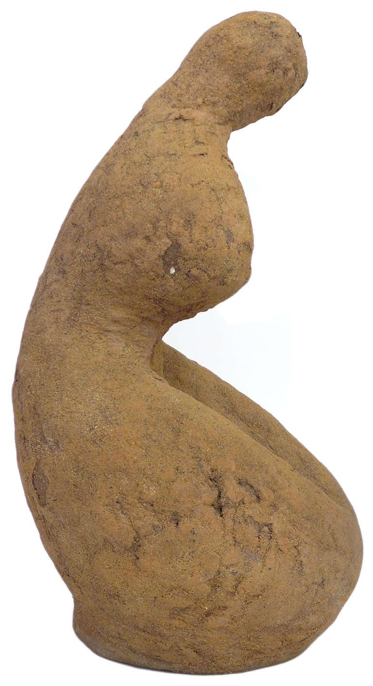 A large and impressive abstract sculptural work. Thick-walled and hand-built clay with a wonderful textured sand glaze. A very reduced form recalling the work of Jean Arp and Henry Moore. Another wonderful but anonymous work.

For maximum