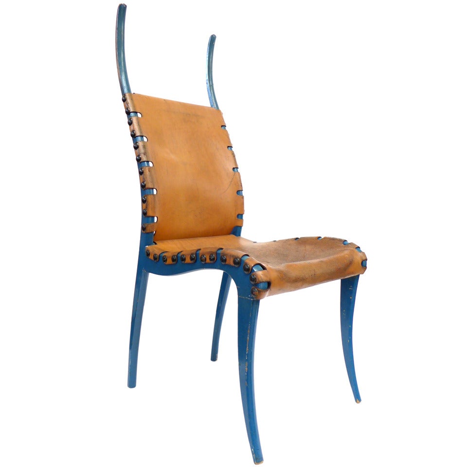 Italian Leather & Blue-Lacquered Wood "Horn" Chair