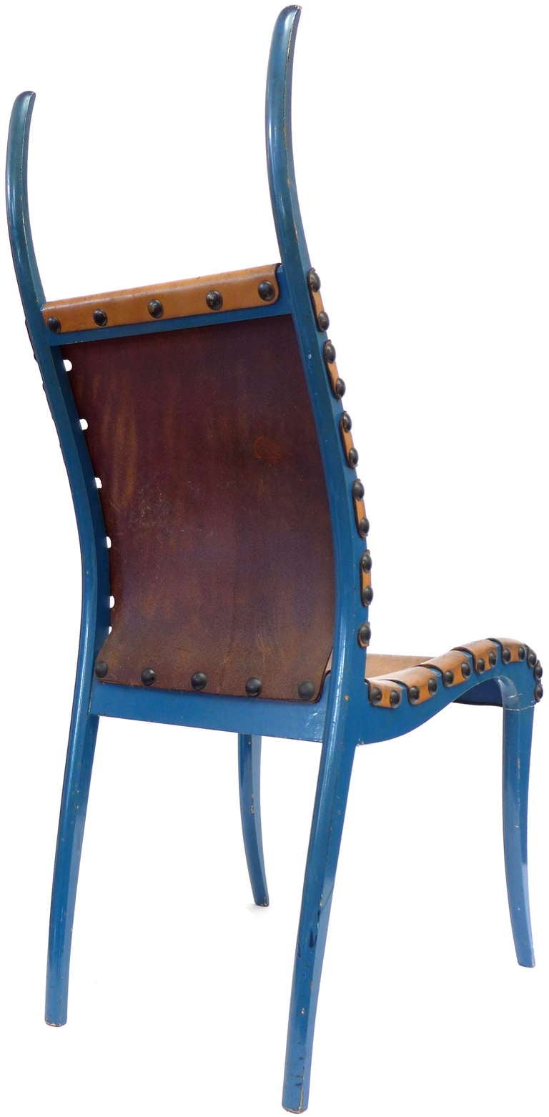 Mid-20th Century Italian Leather & Blue-Lacquered Wood 