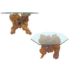Pair of Burl Side Tables with Octagonal Glass Tops