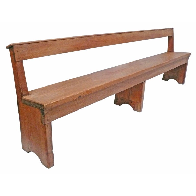 A beautiful, hand-made bench that come from a Wellfleet, Massachusetts, Quaker meeting hall. Fantastic joinery with simple and beautiful dowel construction. Exceptional scale, patina and character.