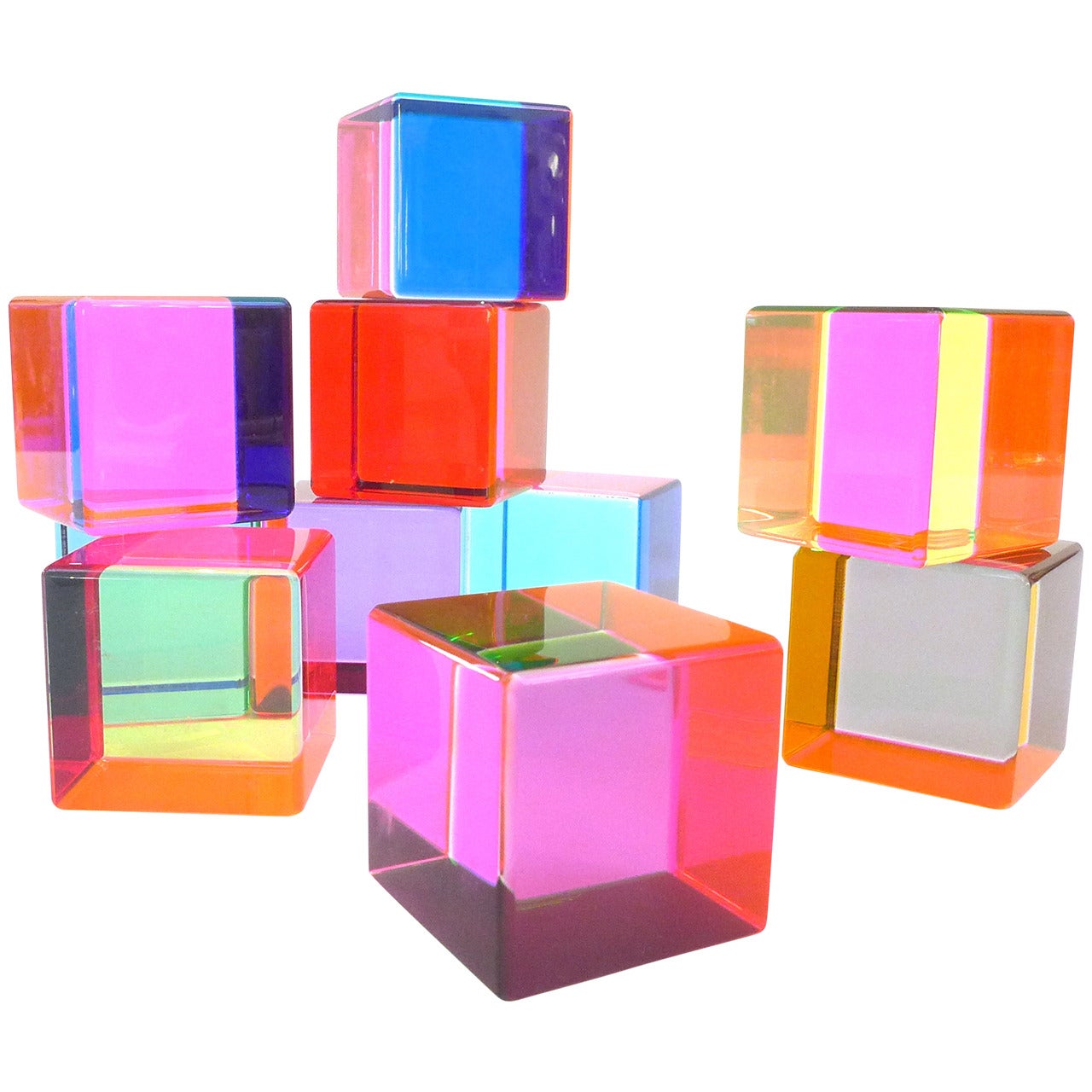 Set of 10 Multicolored Acrylic Cubes by Vasa Mihich