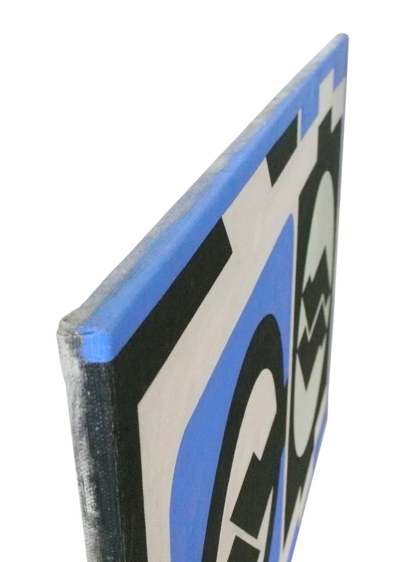 A graphic and very tightly executed example of 1970's hard-edge painting. Strong, geometric imagery in black, blues and white oil on stretched canvas.