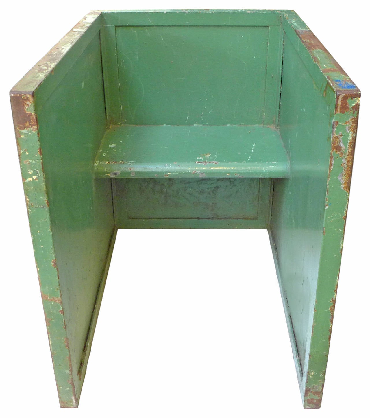 A monumental, welded-steel lounge chair of exceptional scale and form:  expertly constructed and thoroughly rectilinear; a strong, architectural simplicity evoking the work of Donald Judd.  A seemingly private environment is created due to an