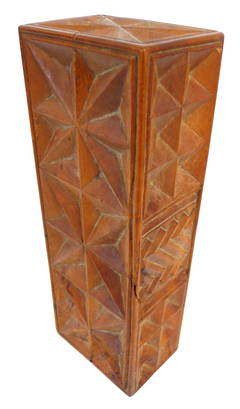 Geometric-Relief Wood Totem Sculpture