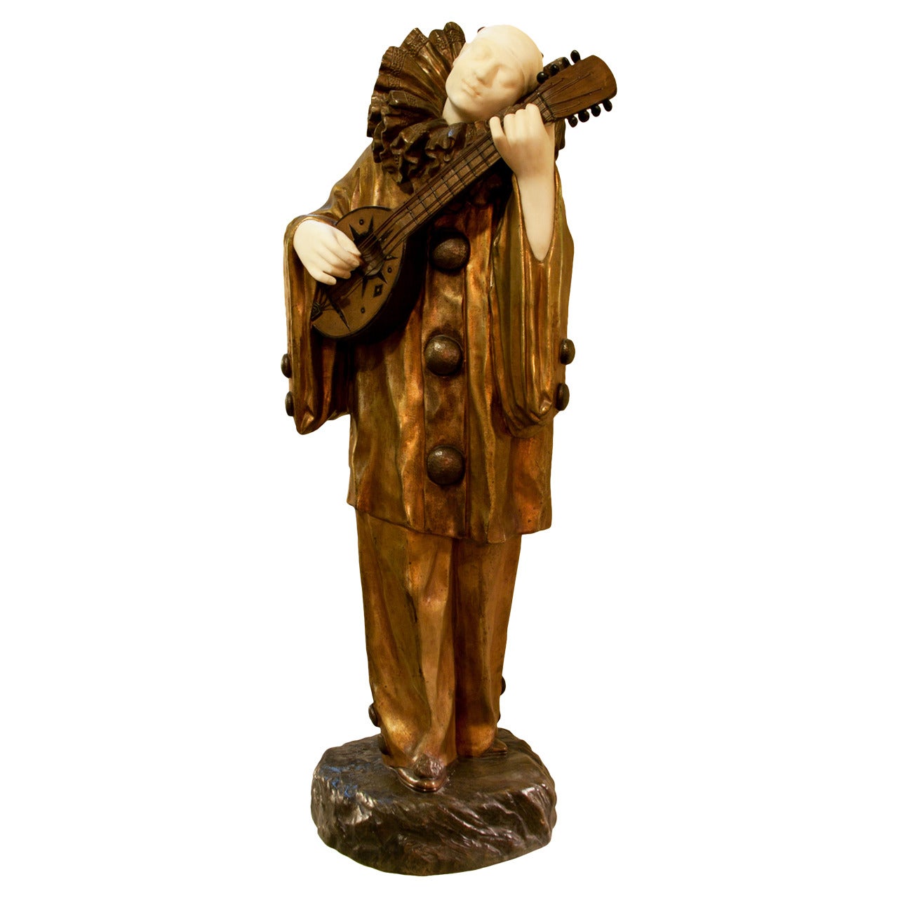 Demetre Chiparus "Clown Playing Guitar" in Marble and Gilt Bronze For Sale