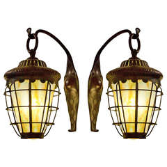 Antique Pair of Tiffany Studios Outdoor Lanterns
