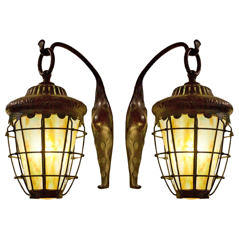 Pair of Tiffany Studios Outdoor Lanterns For Sale