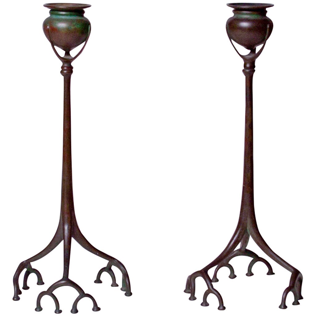Pair of Tiffany Studios Bronze "Root" Candlesticks