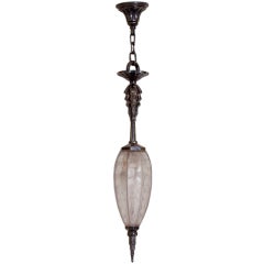 French Art Deco Glass and Silvered Bronze Hanging Lantern