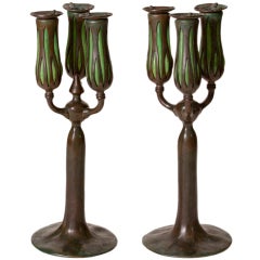 Tiffany Studios Bronze and Favrile Glass Three-Light Candelabra