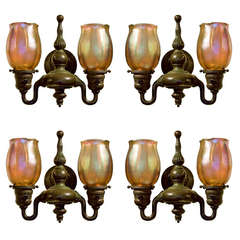 Set of Four Tiffany Studios Favrile Glass and Bronze Double Sconces