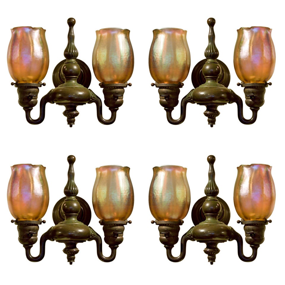 Set of Four Tiffany Studios Favrile Glass and Bronze Double Sconces For Sale