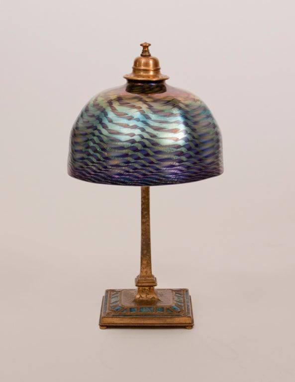 A Tiffany Studios Blue Damascene Desk Lamp with bronze and enamel base, signed.