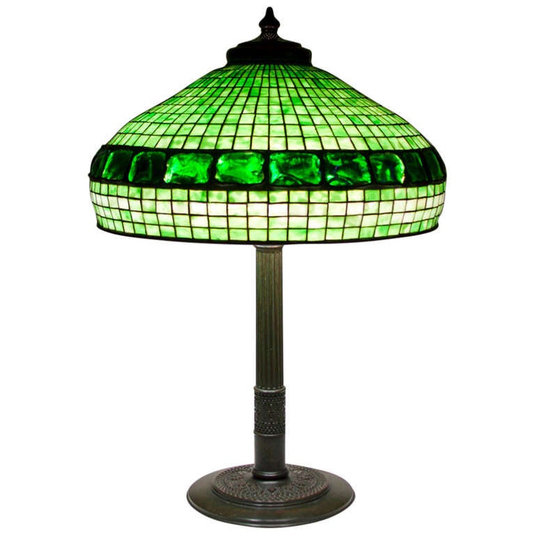 Tiffany Studios Geometric Table Lamp with Inset Turtle Back Tiles