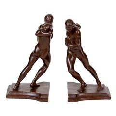 Antique Harriet W. Frishmuth 'Pushing Men' Bookends