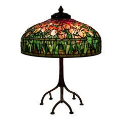 Tiffany Studios Red Tulip Lamp on a Root Table Base