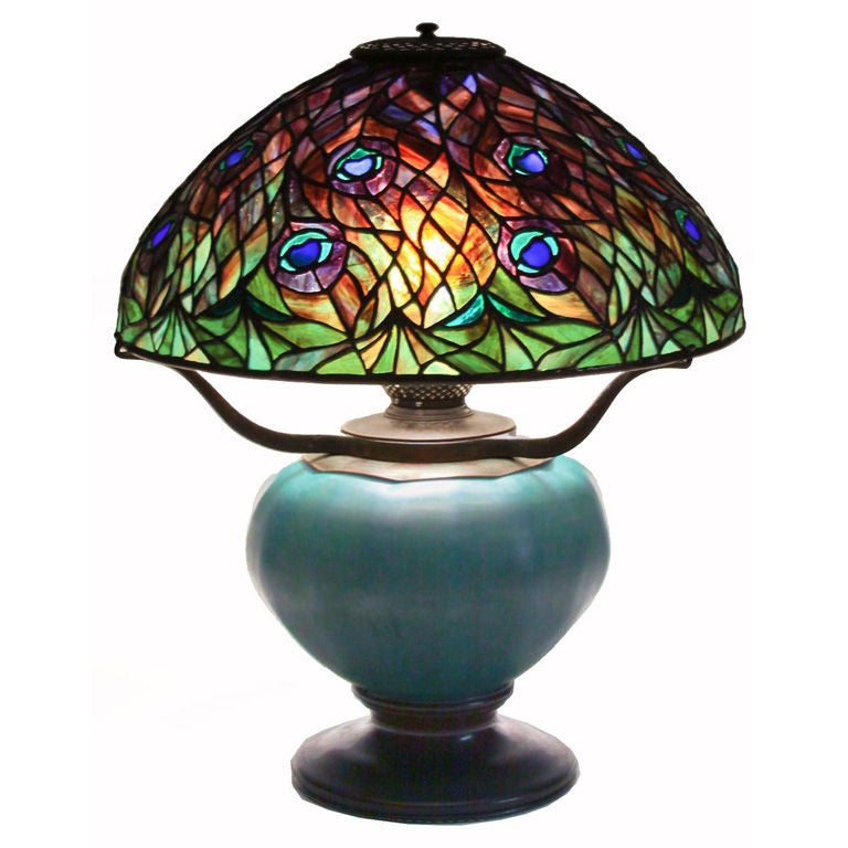 Tiffany Studios Peacock Table Lamp on Blown Glass Base