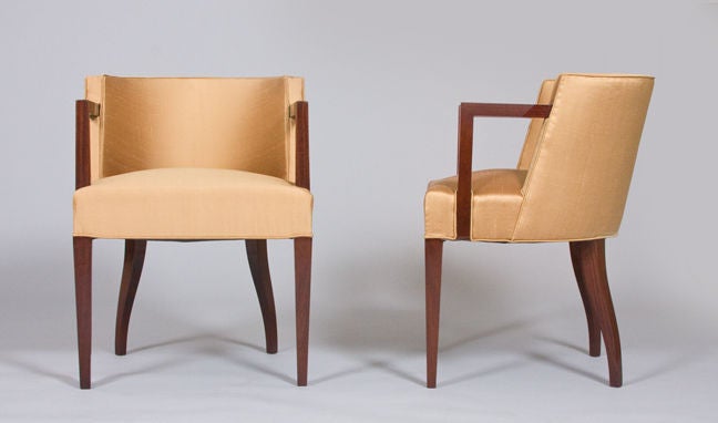 A set of two French Art Deco armchairs by Blanche Klotz. A petite mahogany set of armchairs, perfect for a gaming table.