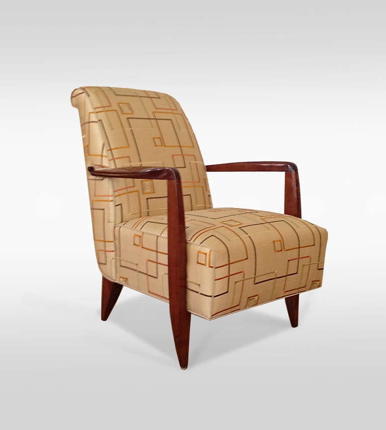 Stunning modernist design by Ruhlmann's nephew in tinted beechwood. Fabric by B. bergere.