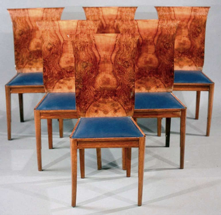 A set of six exquisite Art Deco side chairs bookmatched walnut veneer part of a suite. DT 20195