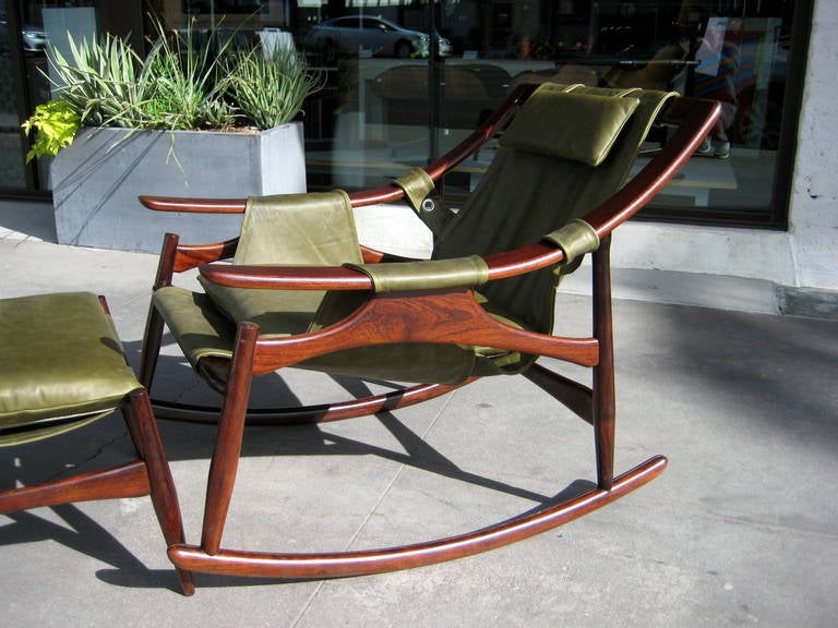 A Fine Brazilian Rosewood Rocking Chair and Ottoman. Circa 1960s In Excellent Condition In Palm Springs, CA