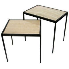 A Handsome Pair Of 1960's Bronze Patinated Steel And Travertine Nesting Tables