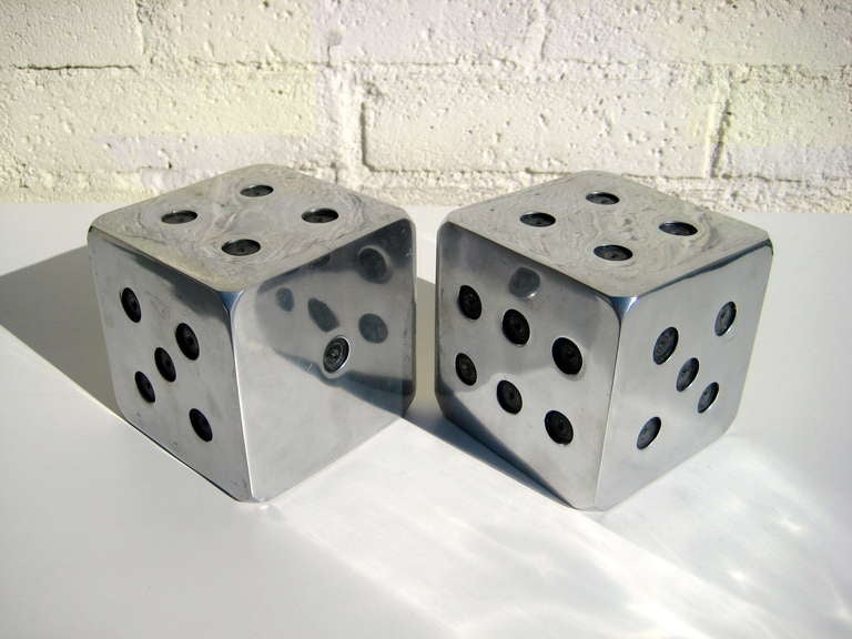 A Pair of Oversized Chrome Plated Dice Bookends In Excellent Condition In Palm Springs, CA