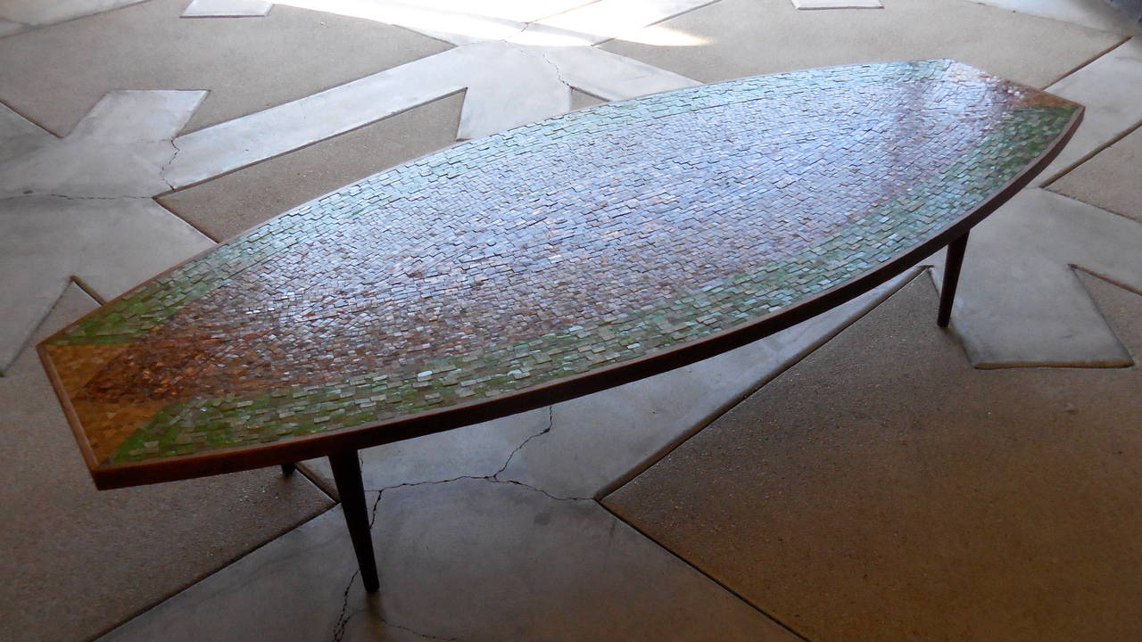 American Dynamic Hand Laid Glass Mosaic Tile and Walnut Coffee Table  Circa 1950s For Sale