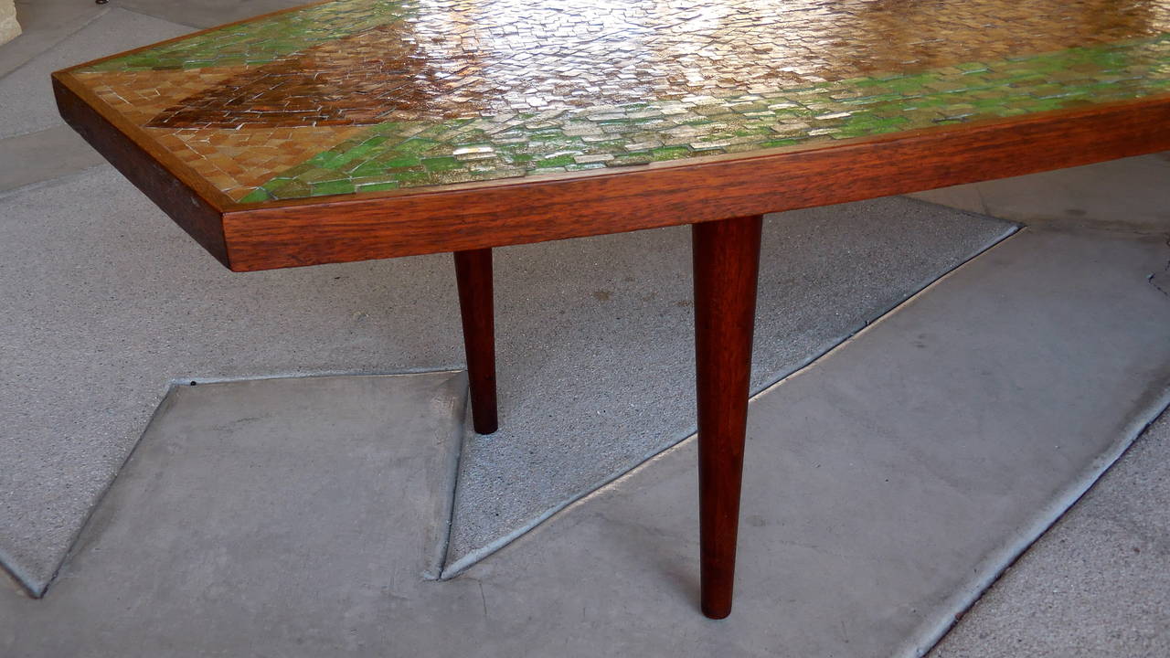 Dynamic Hand Laid Glass Mosaic Tile and Walnut Coffee Table  Circa 1950s For Sale 1
