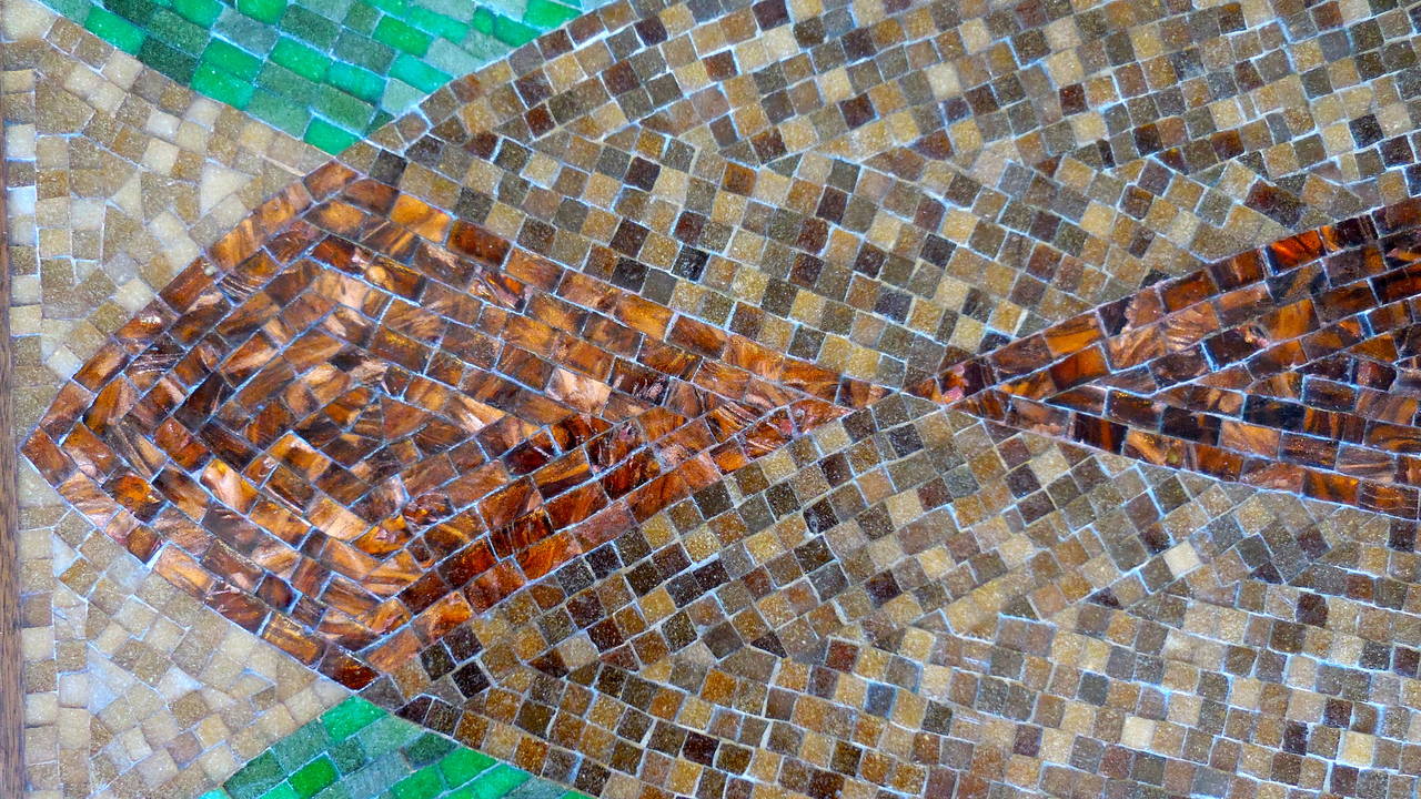 Dynamic Hand Laid Glass Mosaic Tile and Walnut Coffee Table  Circa 1950s For Sale 3