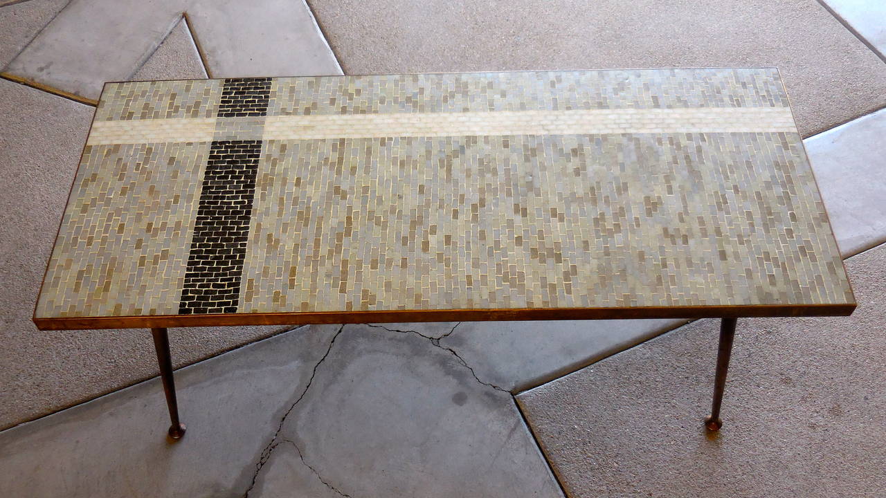 Handsome Italian Mosaic Top all Brass Body Coffee Table, circa 1950s In Excellent Condition In Palm Springs, CA