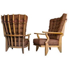 A Dynamic Pair of French Oak "Grand Repos" Chairs By Guillerme et Chambron C. 1960