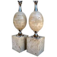 A Pair Of Maison Barbier Ostrich Form Travertine And Nickel Plated Steel Lamps C. 1960's