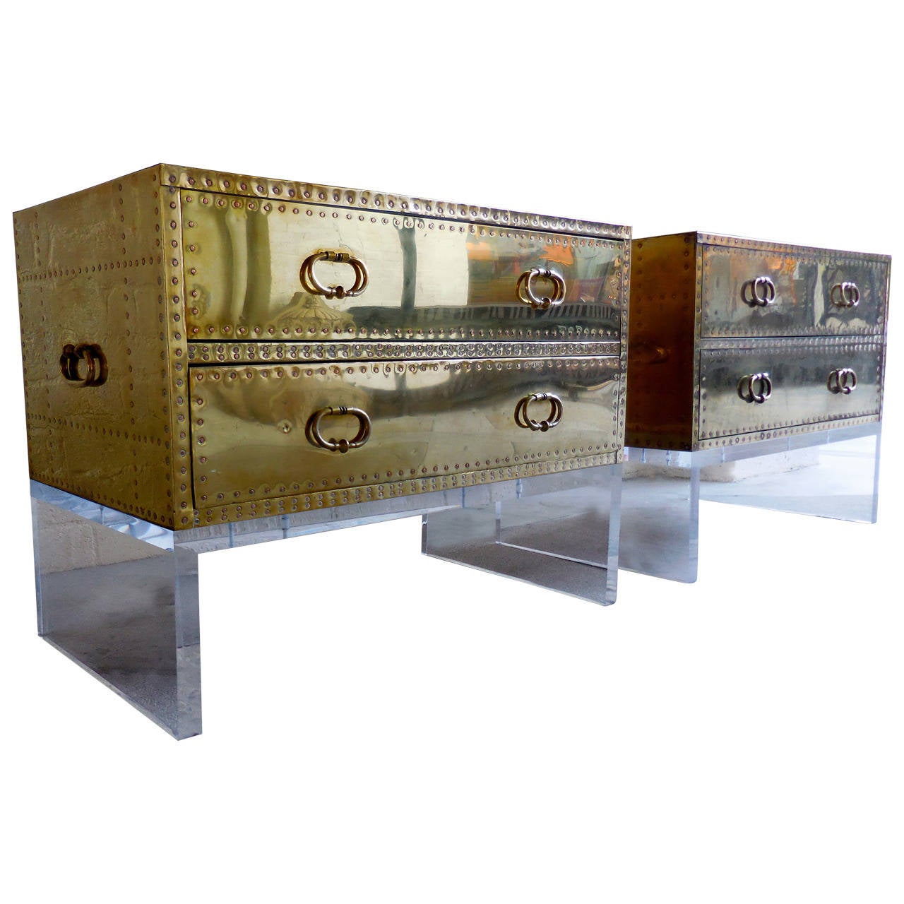 Sensational Pair of Two-Drawer Brass-Clad Chests by Sarreid, circa 1970s