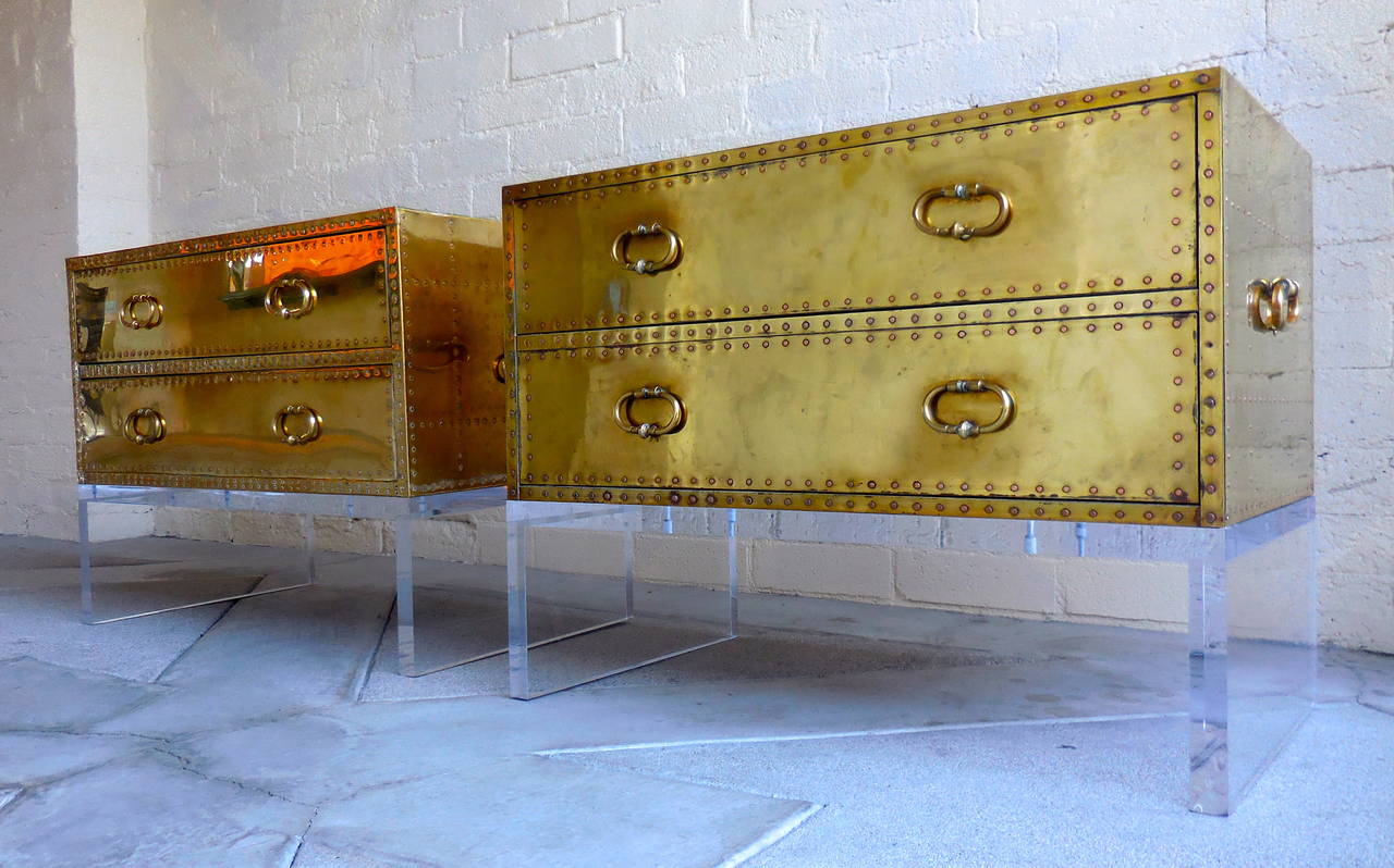 Mid-Century Modern Sensational Pair of Two-Drawer Brass-Clad Chests by Sarreid, circa 1970s