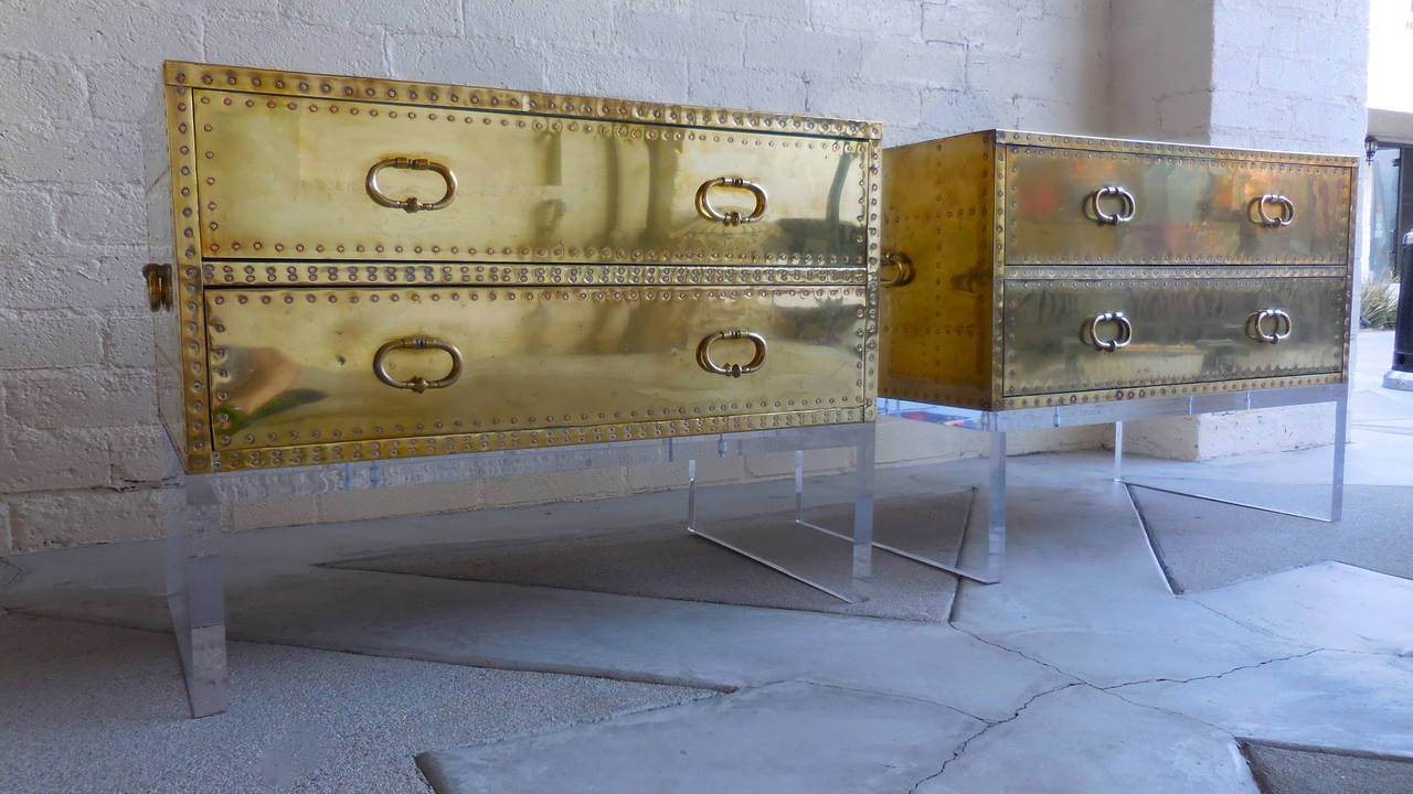 Spanish Sensational Pair of Two-Drawer Brass-Clad Chests by Sarreid, circa 1970s